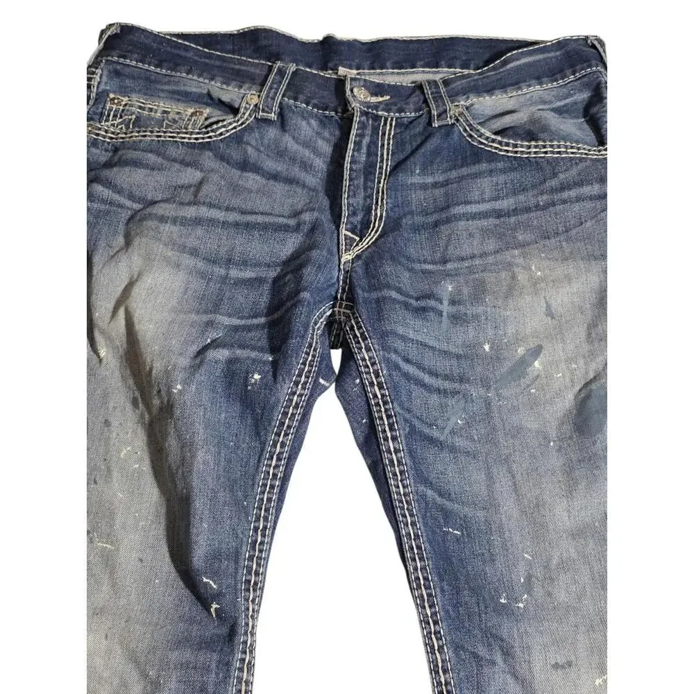 True Religion Jeans Mens‎ 36 Straight Denim Paint Splatter Distressed Faded BD